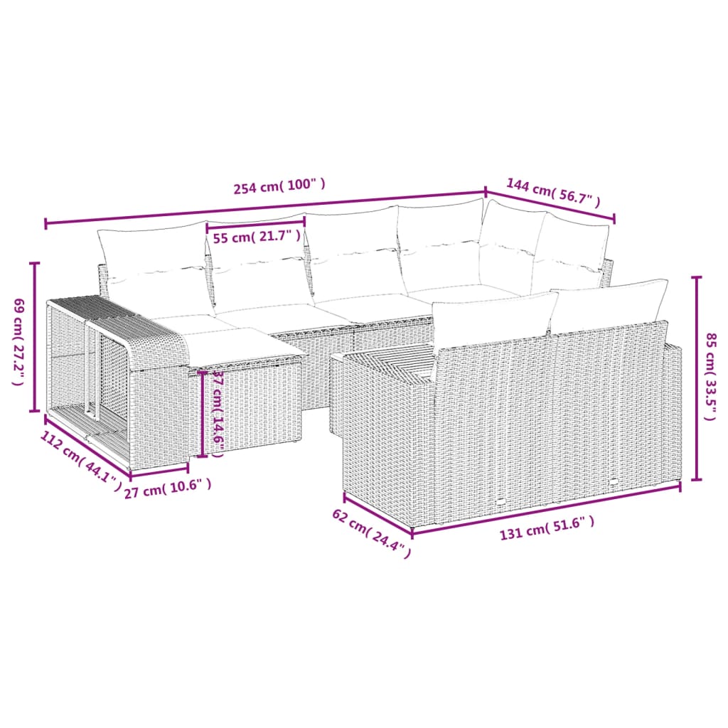 vidaXL Set Divani da Giardino 11 pz con Cuscini in Polyrattan Grigio