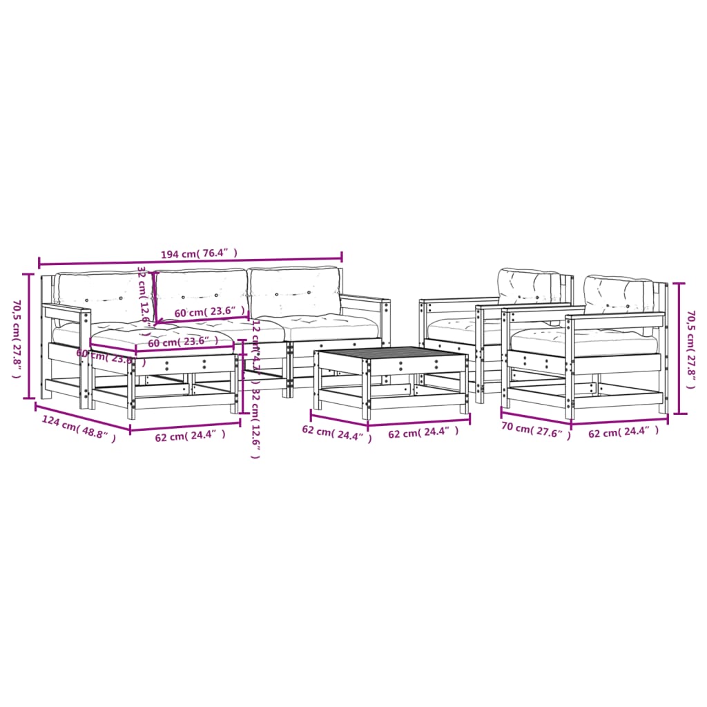 vidaXL Set Divani da Giardino 7 pz con Cuscini in Legno Massello