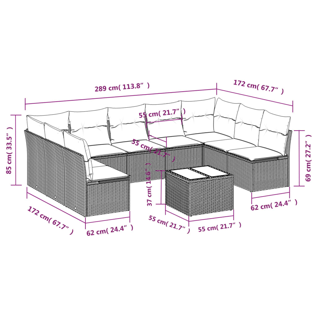 vidaXL Set Divani da Giardino 10pz con Cuscini in Polyrattan Nero