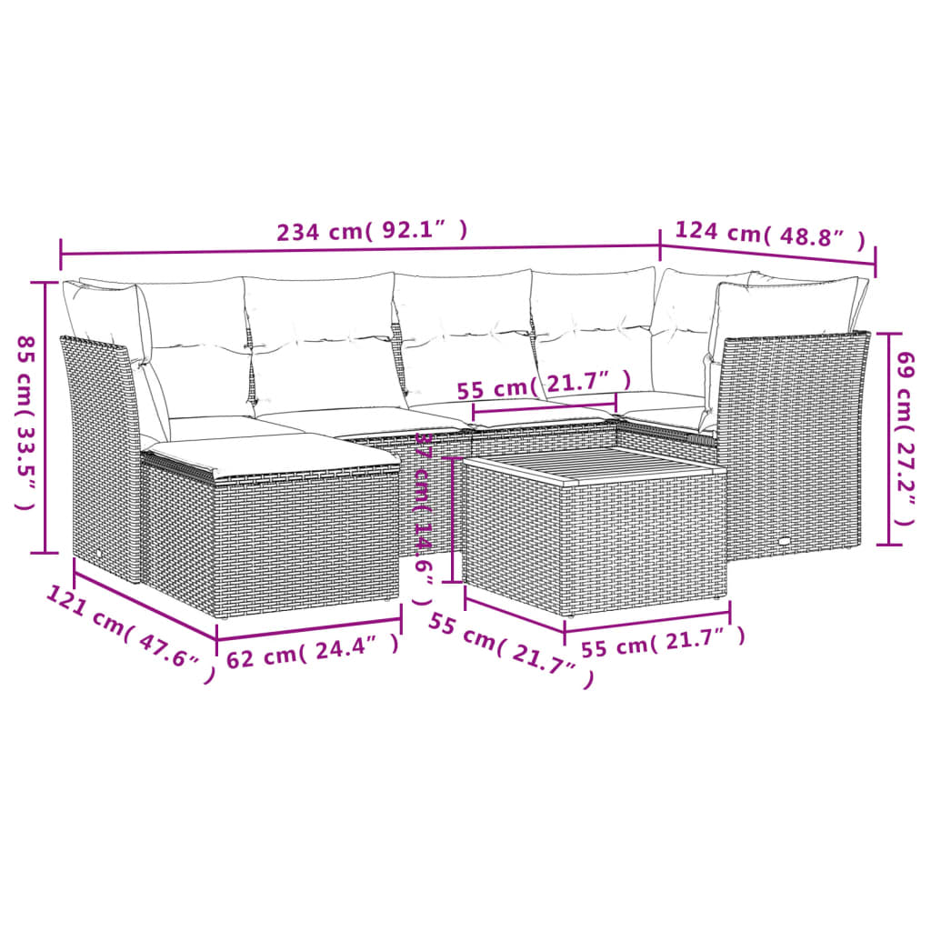 vidaXL Set Divani da Giardino 7 pz con Cuscini Beige in Polyrattan