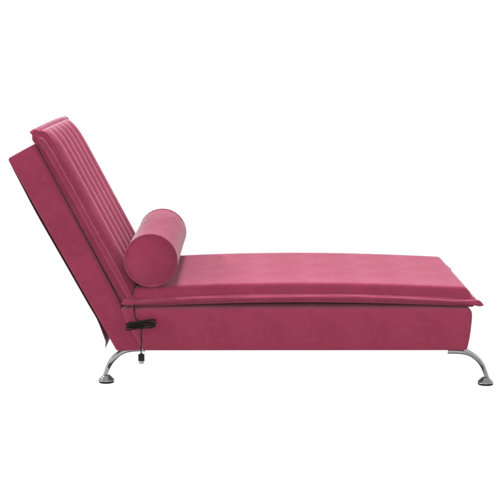 vidaXL Chaise Longue Massaggi con Cuscino a Rullo Rosso Vino Velluto