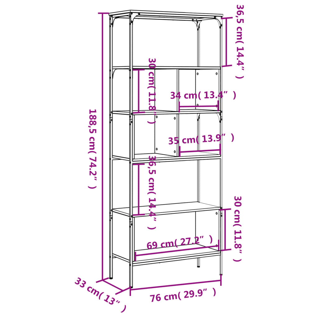 vidaXL Libreria 5 Ripiani Rovere Marrone 76x33x188,5 Legno Multistrato