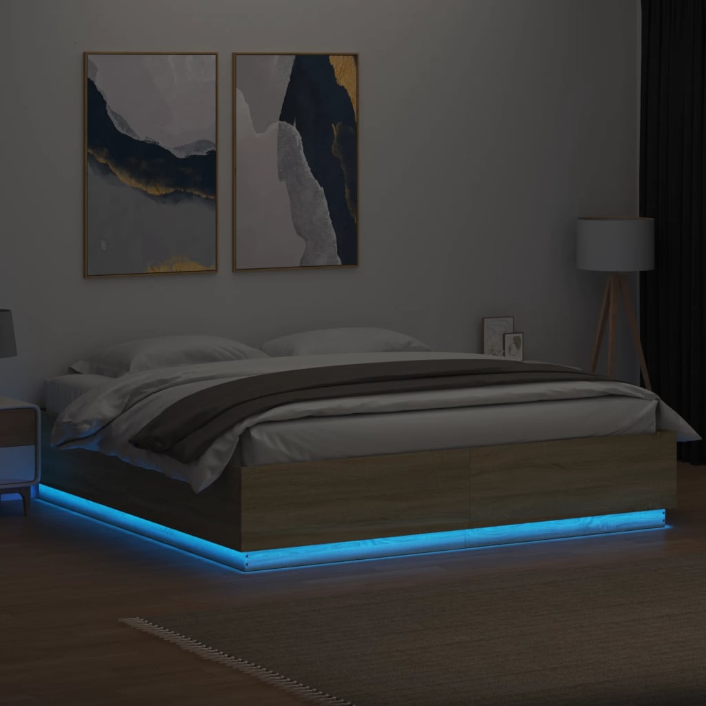 vidaXL Giroletto Cassetti Luci LED Sonoma 200x200 cm Legno Multistrato