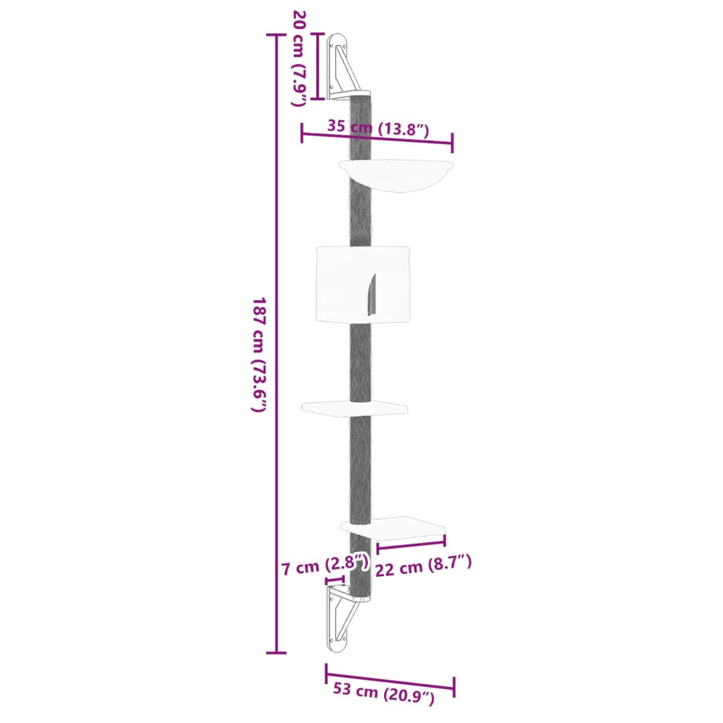 vidaXL Albero per Gatti con Tiragraffi a Parete Grigio Chiaro 187 cm