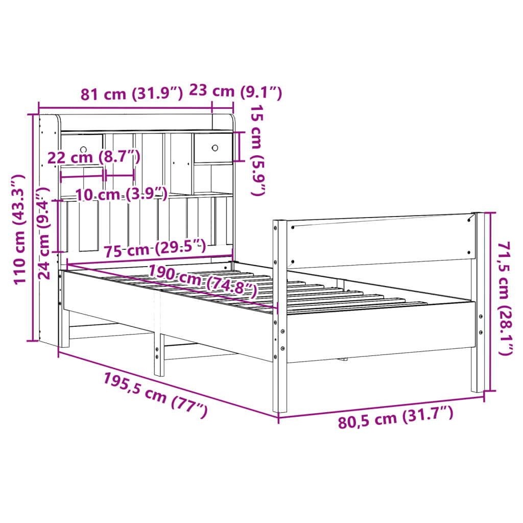 vidaXL Letto Libreria senza Materasso Marrone Cera 75x190 cm in Pino