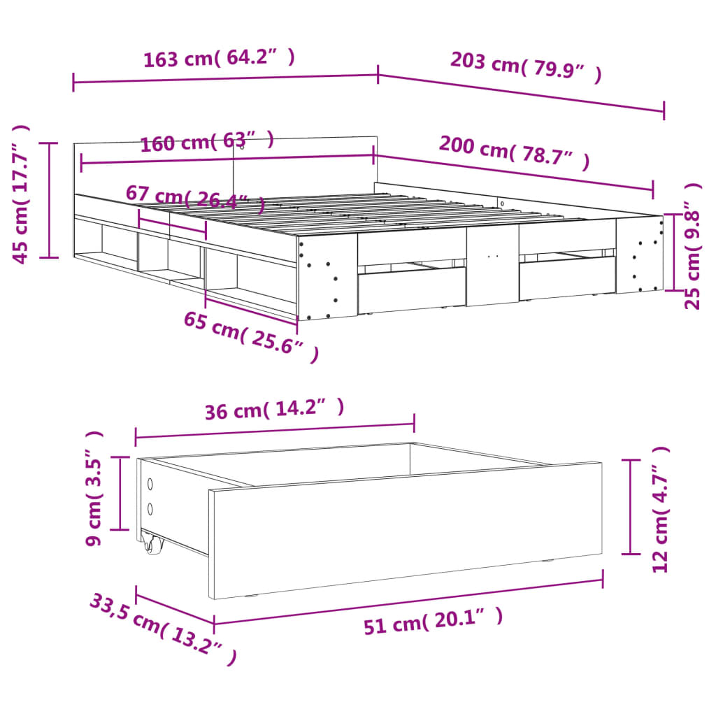 vidaXL Giroletto con Cassetti Bianco 160x200 cm in Legno Multistrato