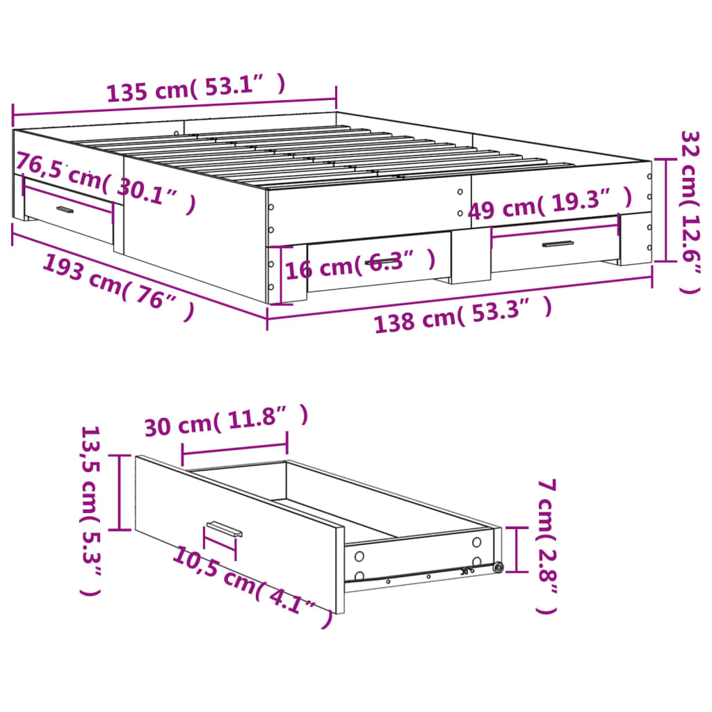 vidaXL Giroletto con Cassetti Nero 135x190 cm in Legno Multistrato