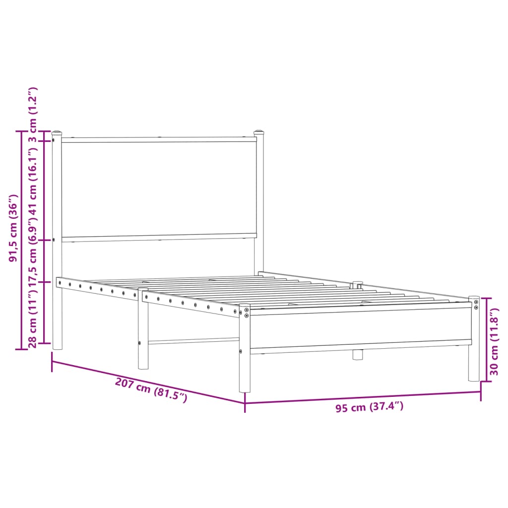 vidaXL Giroletto senza Materaso in Metallo Rovere Fumo 90x200 cm