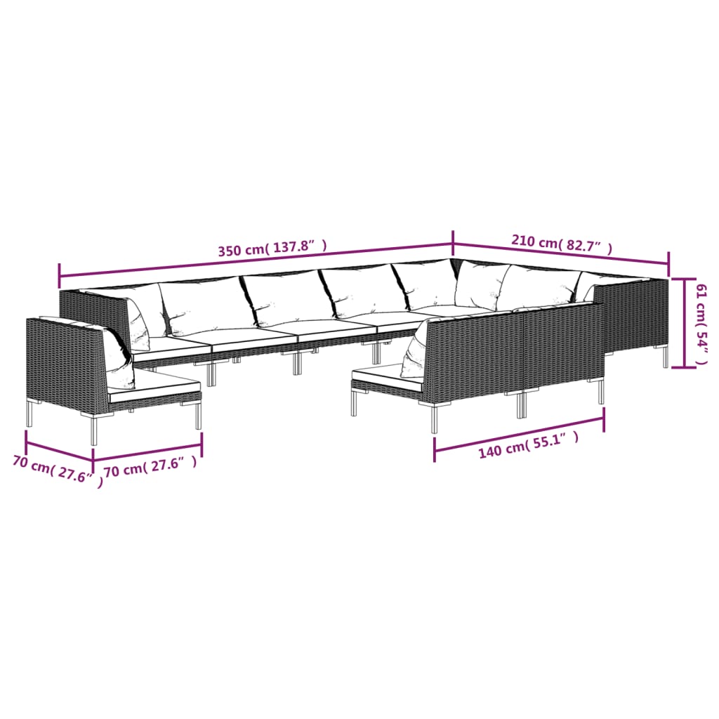 vidaXL Divani da Giardino 10 pz con Cuscini in Polyrattan Grigio Scuro