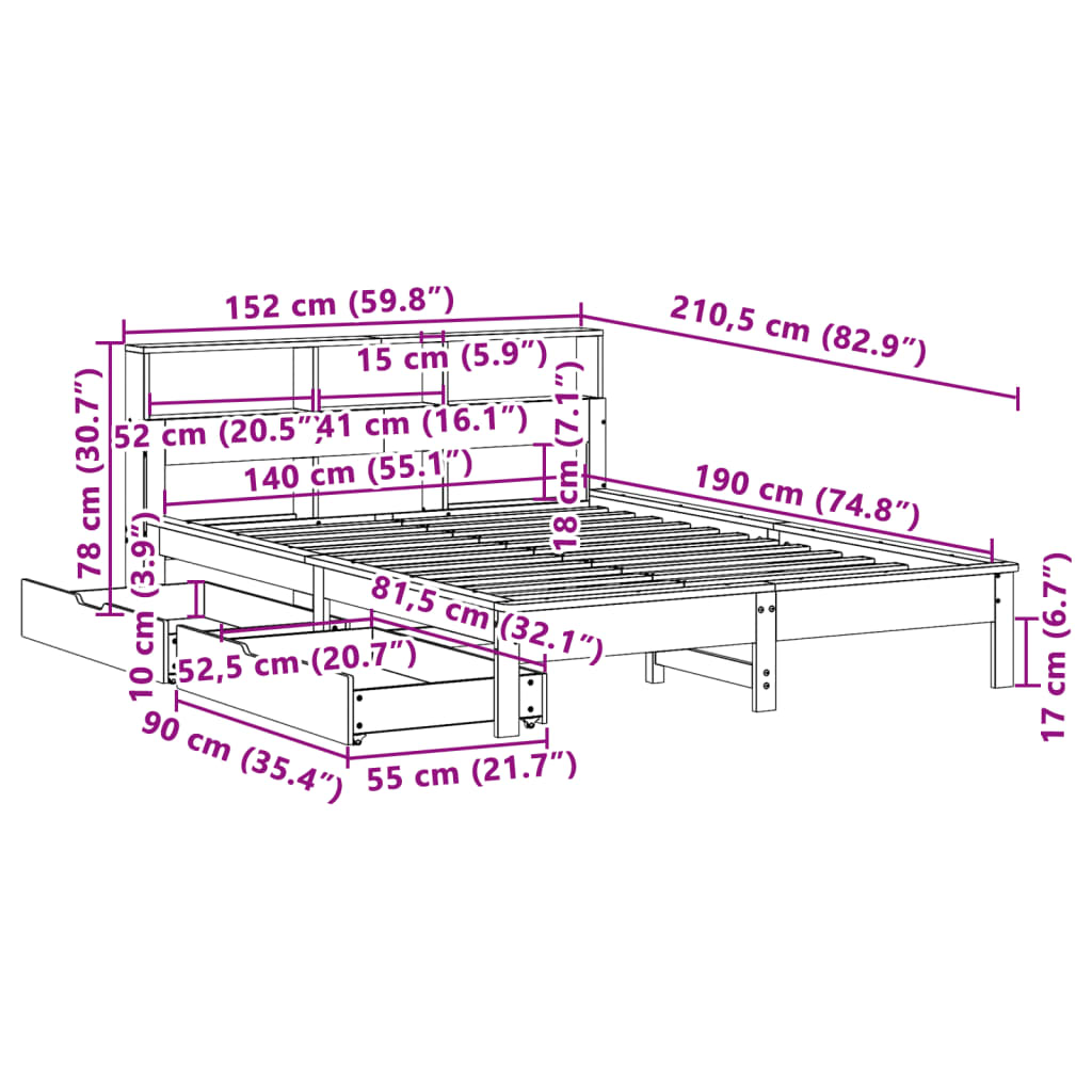 vidaXL Letto Libreria senza Materasso 140x190 cm in Legno di Pino