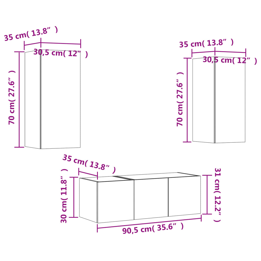 vidaXL Mobili TV a Muro con LED 4pz Grigio Sonoma in Legno Multistrato