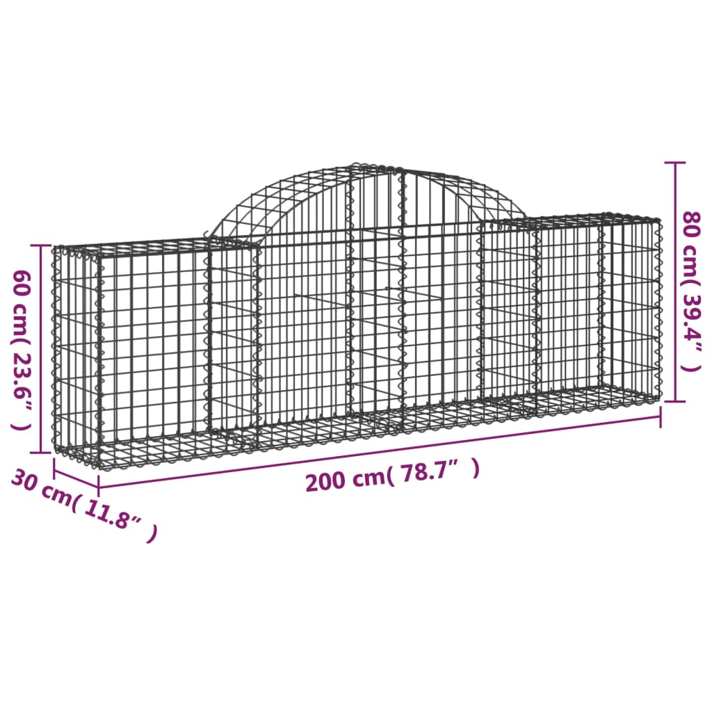 vidaXL Cesti Gabbioni ad Arco 13 pz 200x30x60/80 cm Ferro Zincato