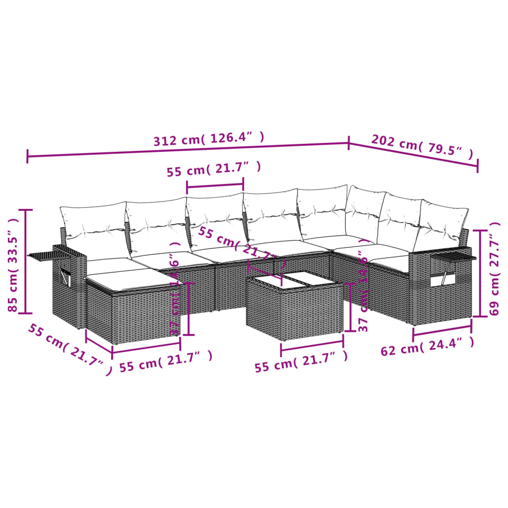 vidaXL Set Divano da Giardino 9pz con Cuscini Grigio Chiaro Polyrattan