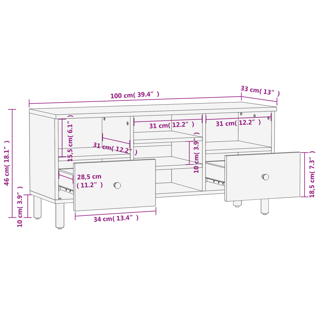 vidaXL Mobile Porta TV Nero 100x33x46 cm in Legno Massello di Mango