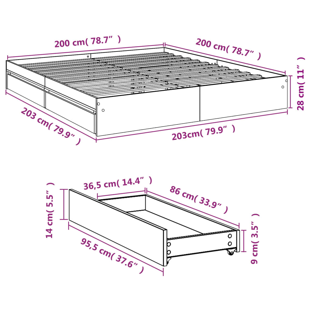 vidaXL Giroletto con Cassetti Rovere Fumo 200x200 cm Legno Multistrato