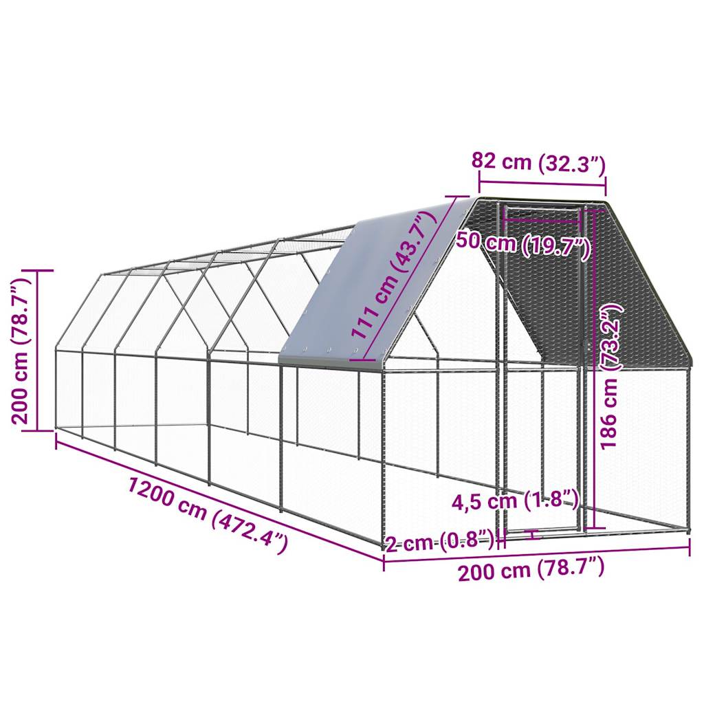 vidaXL Gabbia per Polli 2x12x2 m in Acciaio Zincato