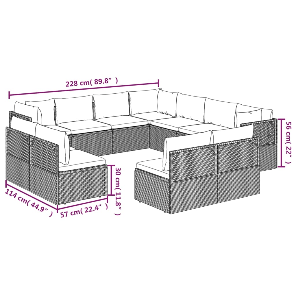 vidaXL Set Divani da Giardino 11 pz con Cuscini in Polyrattan Grigio