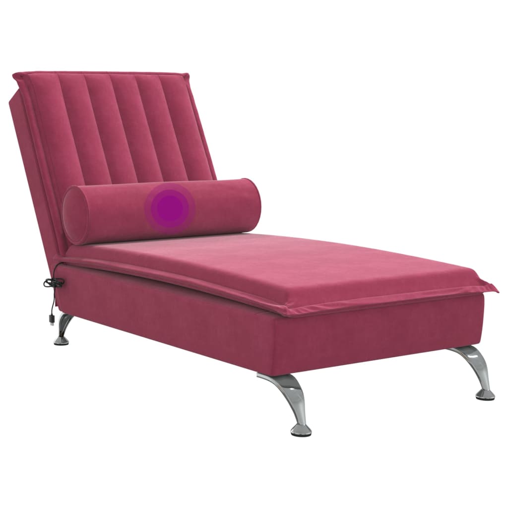 vidaXL Chaise Longue Massaggi con Cuscino a Rullo Rosso Vino Velluto