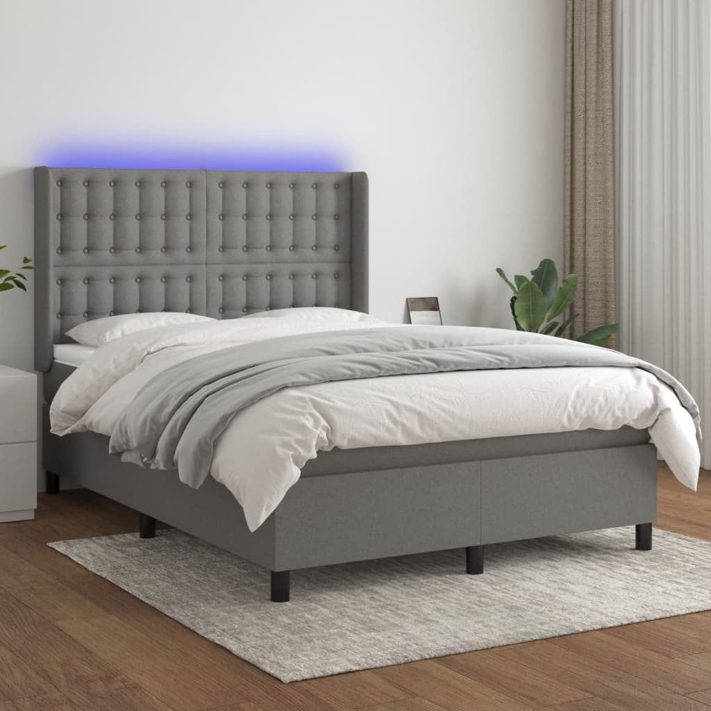 vidaXL Letto a Molle Materasso e LED Grigio Scuro 140x200cm in Tessuto