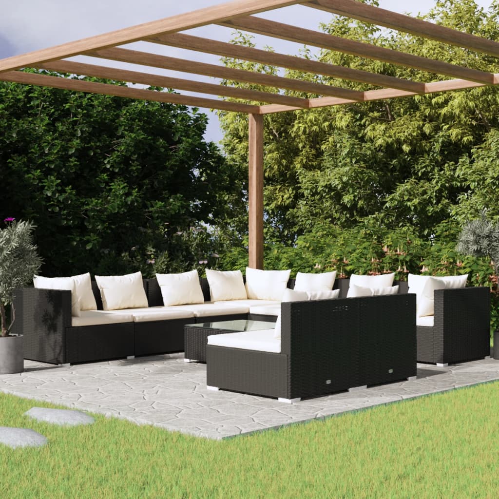 vidaXL Set Salotto da Giardino 10pz con Cuscini in Polyrattan Nero