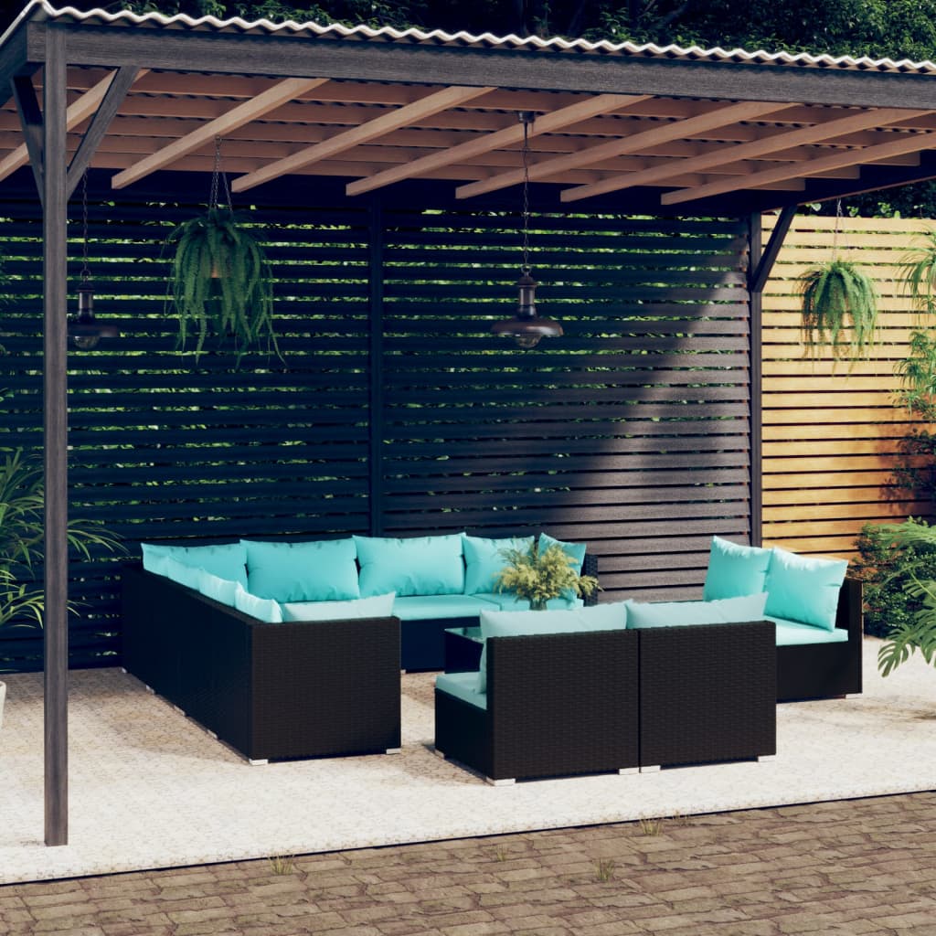 vidaXL Set Divani da Giardino 12 pz con Cuscini in Polyrattan Nero