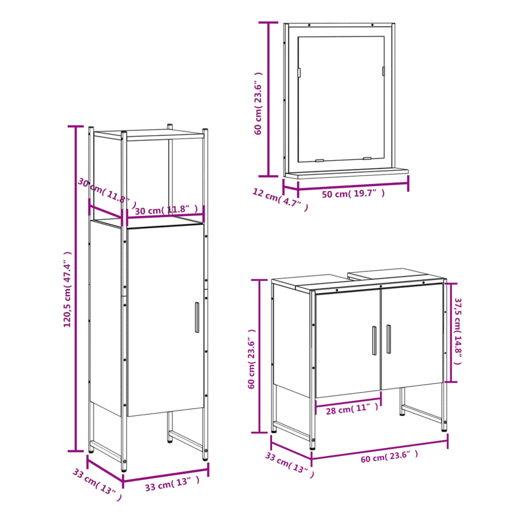 vidaXL Set di Mobili da Bagno 3 pz Nero in Legno Multistrato