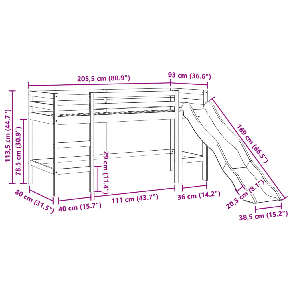 vidaXL Letto a Soppalco senza Materasso Bambini 80x200cm Massello Pino