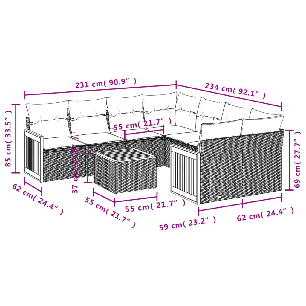 vidaXL Set Divano da Giardino 9 pz con Cuscini Grigio in Polyrattan