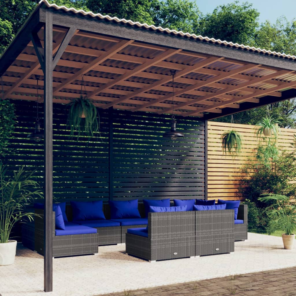 vidaXL Set Divani da Giardino 9 pz con Cuscini in Polyrattan Grigio