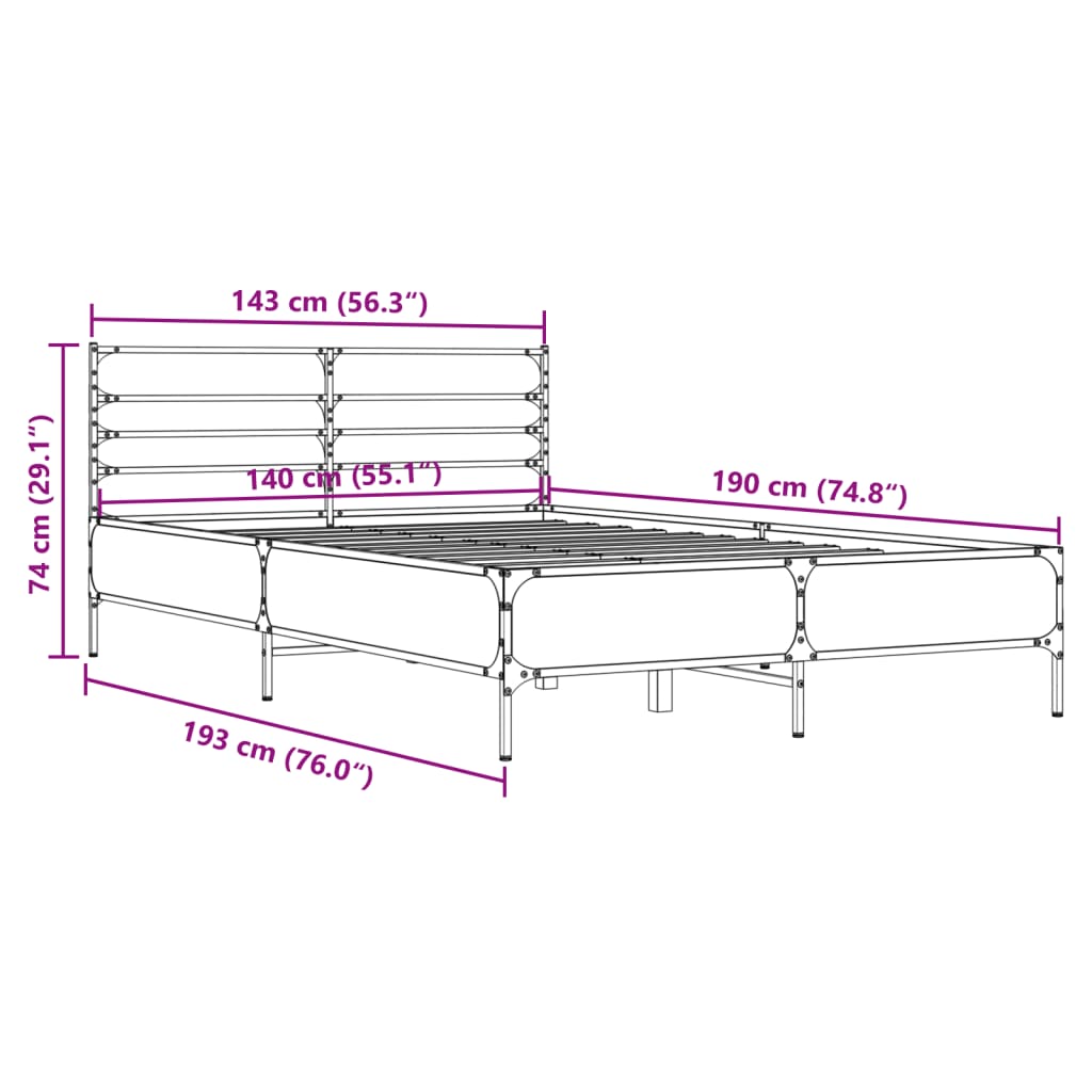 vidaXL Giroletto Grigio Sonoma 140x190 cm in Legno Multistrato Metallo