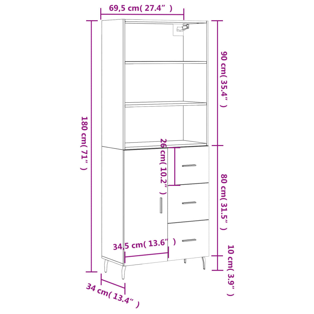 vidaXL Credenza Rovere Fumo 69,5x34x180 cm in Legno Multistrato