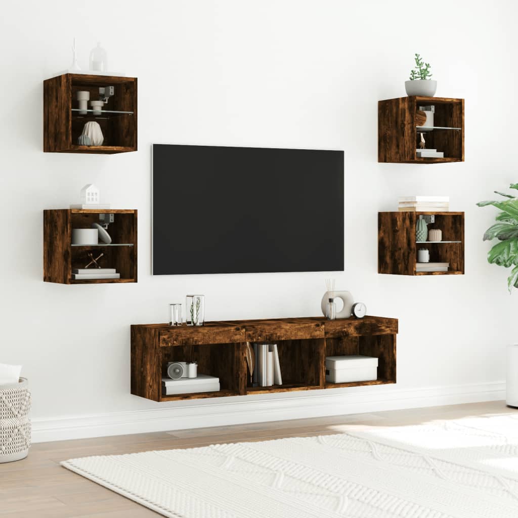 vidaXL Mobili TV a Muro con LED 7pz Rovere Fumo in Legno Multistrato