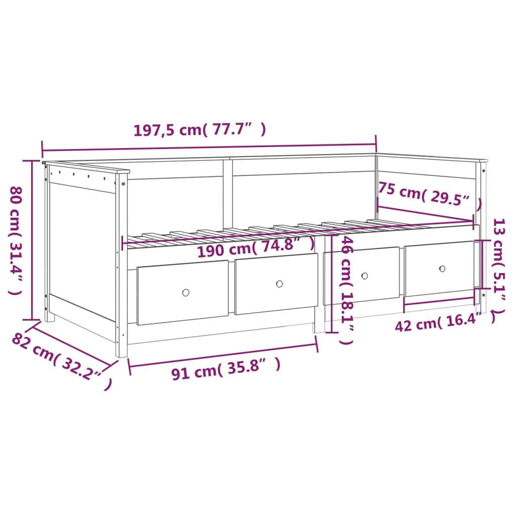 vidaXL Dormeuse Nera 75x190 cm in Legno Massello di Pino