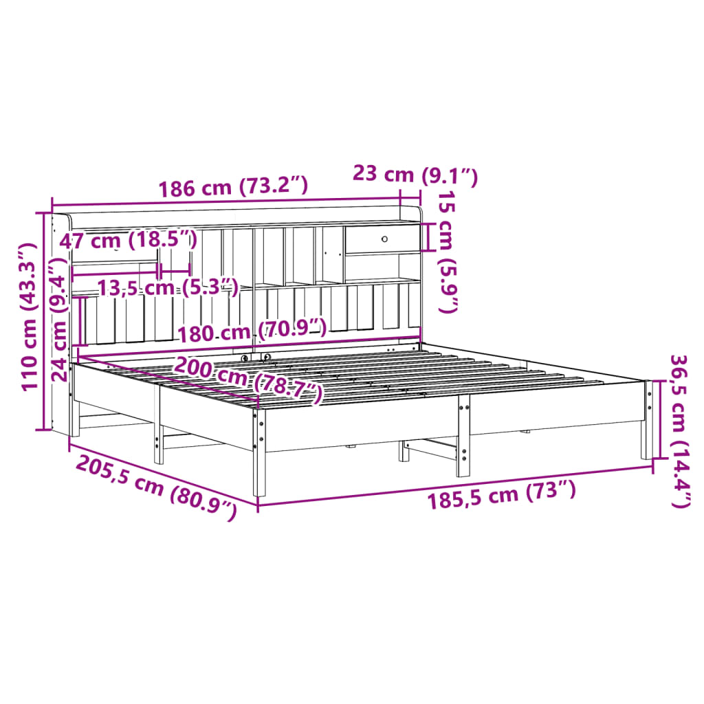 vidaXL Giroletto con Libreria senza Materasso 180x200 cm in Legno Pino