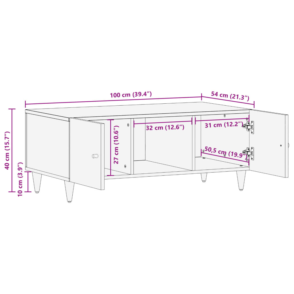 vidaXL Tavolino da Salotto 100x54x40 cm in Legno Massello di Mango