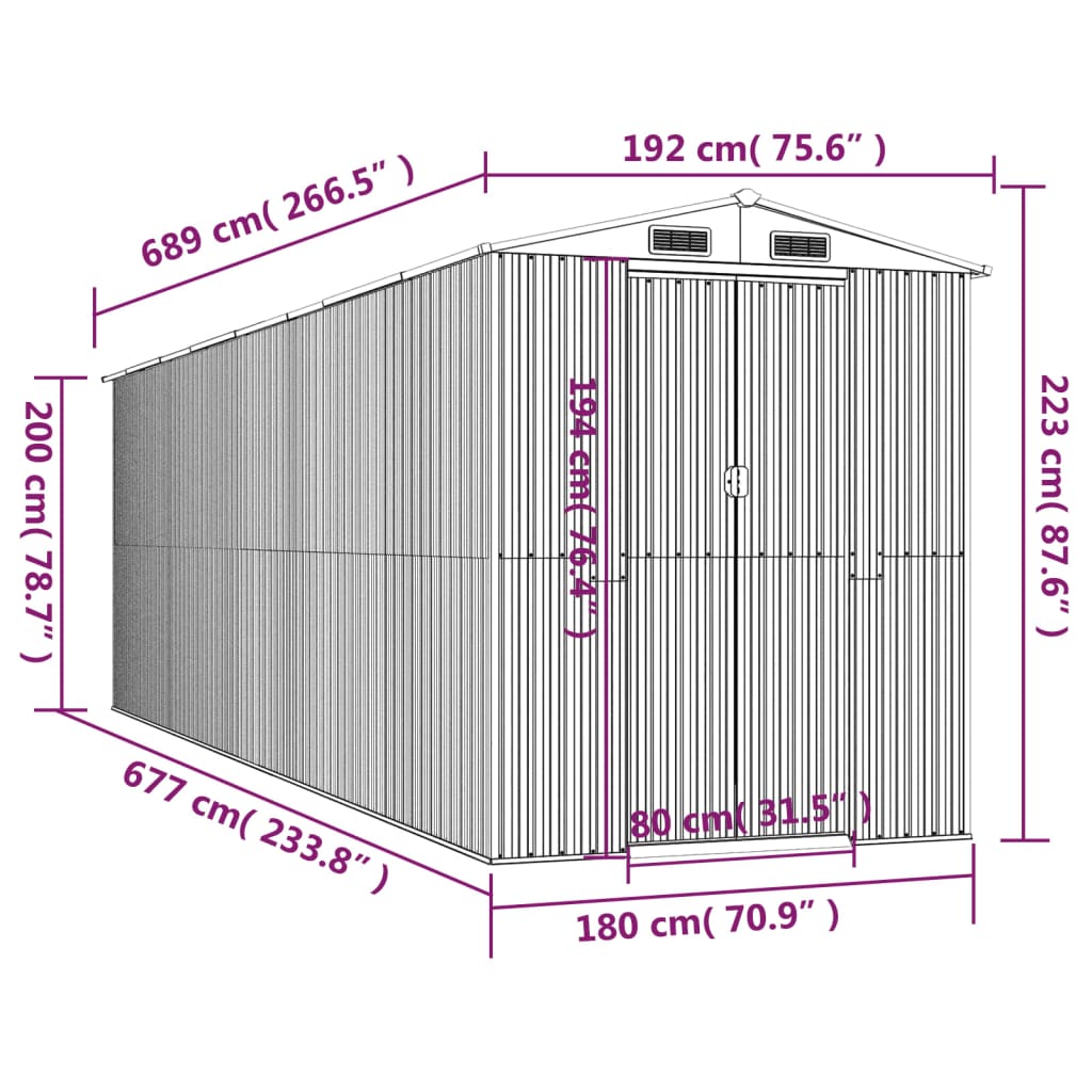 vidaXL Capanno da Giardino Antracite 192x689x223 cm in Acciaio Zincato