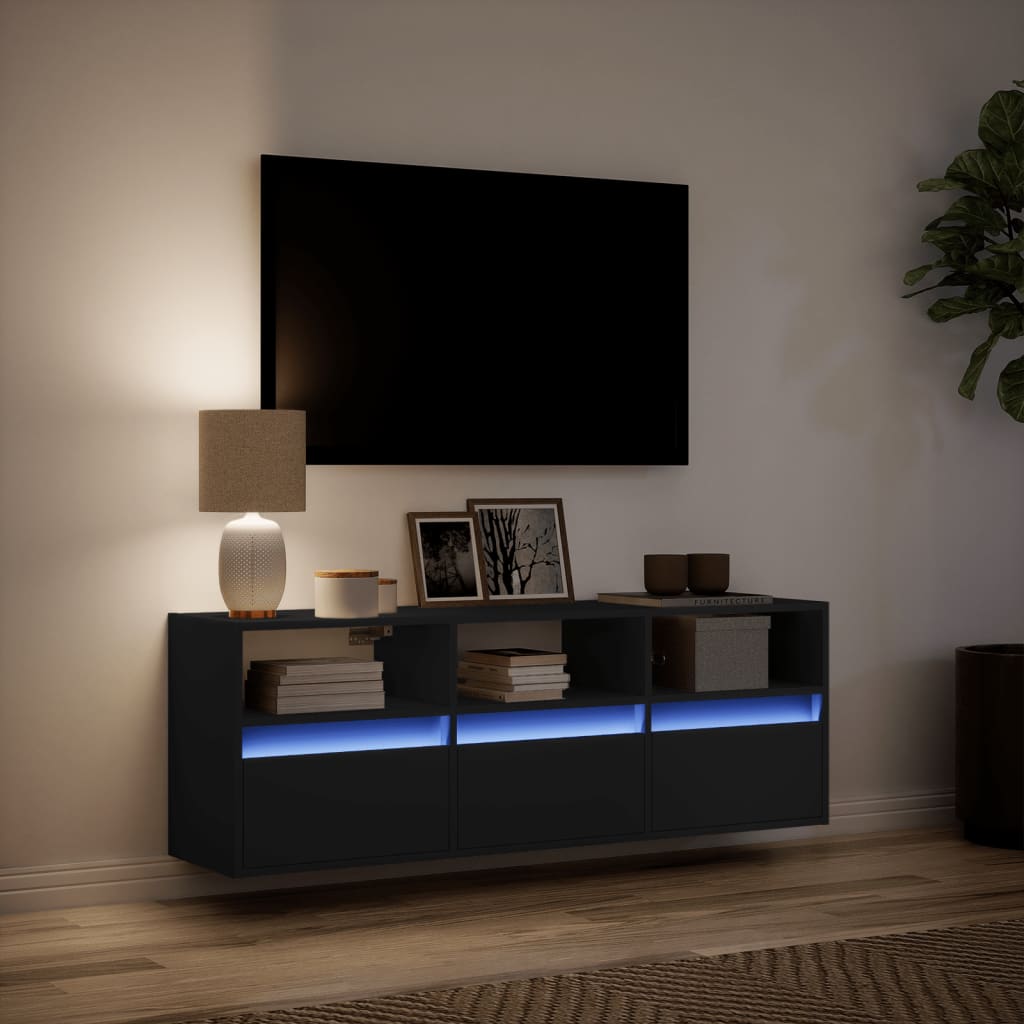 vidaXL Mobile TV a Parete con Luci LED Nero 130x31x45 cm