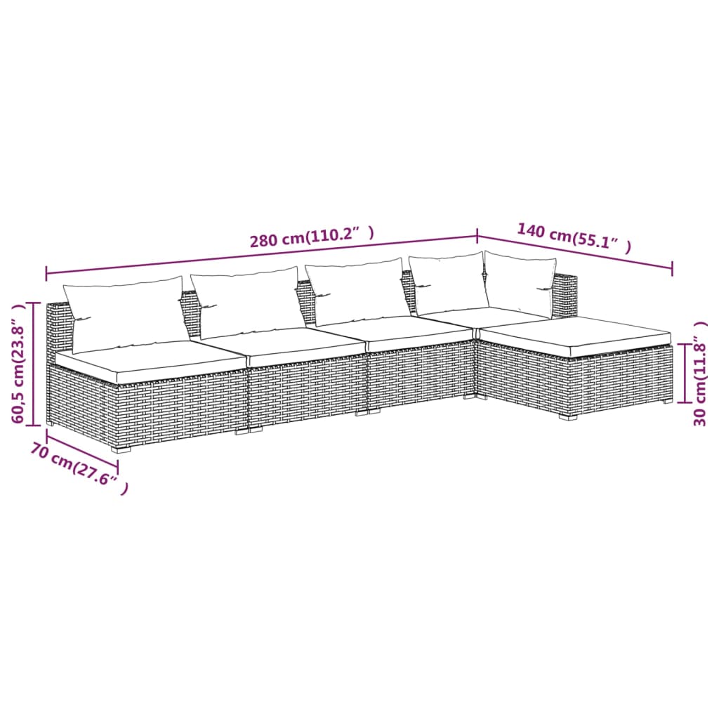 vidaXL Set Divani da Giardino 5 pz con Cuscini in Polyrattan Nero