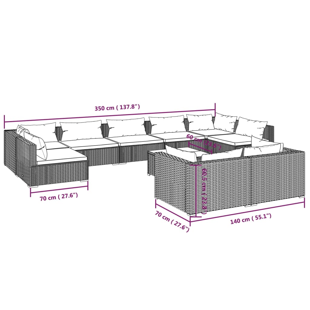 vidaXL Set Divani da Giardino 10 pz con Cuscini in Polyrattan Marrone