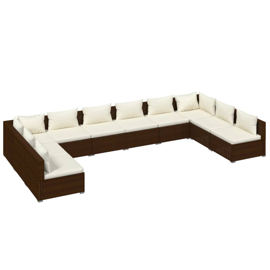 vidaXL Set Divani da Giardino 10 pz con Cuscini in Polyrattan Marrone