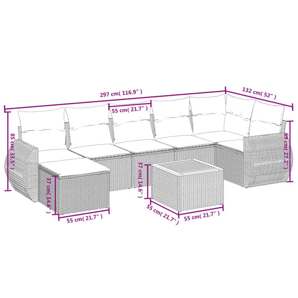 vidaXL Set Divano da Giardino 8 pz con Cuscini Grigio in Polyrattan