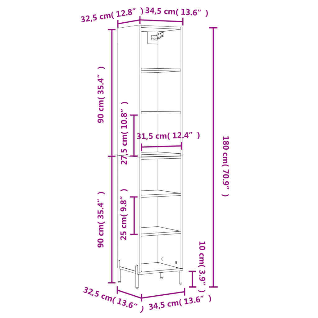 vidaXL Credenza Bianca 34,5x32,5x180 cm in Legno Multistrato