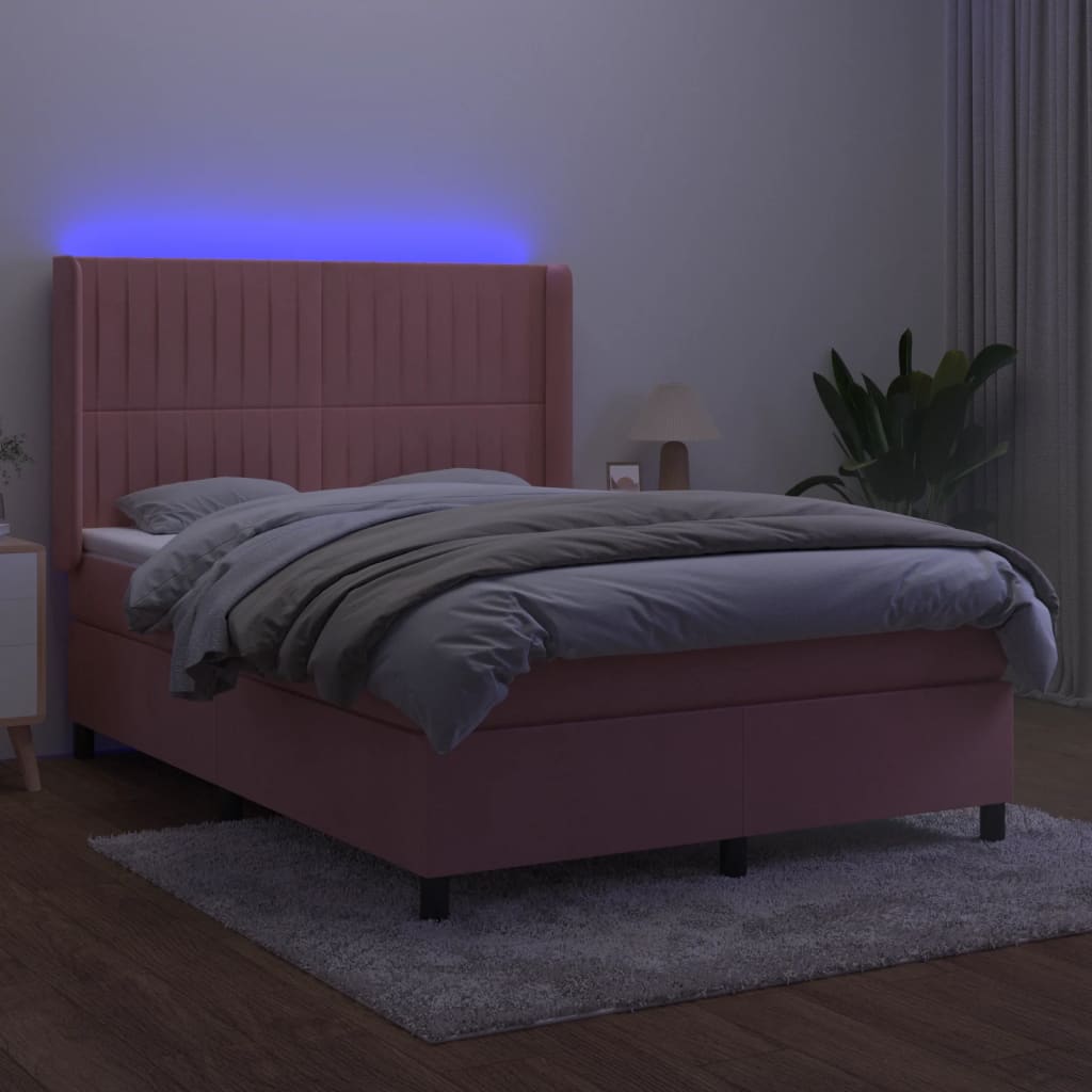 vidaXL Letto a Molle con Materasso e LED Rosa 140x200 cm in Velluto