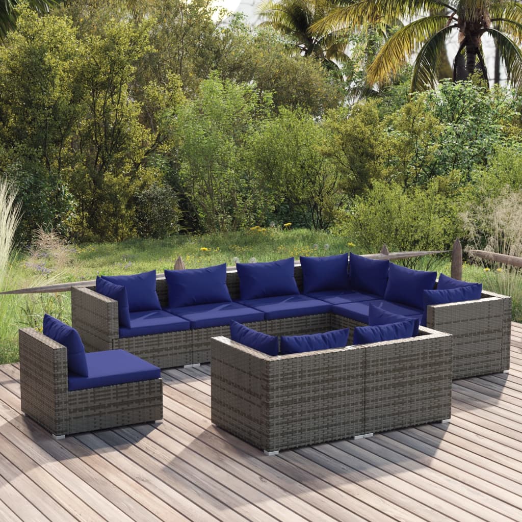 vidaXL Set Divani da Giardino 9 pz con Cuscini in Polyrattan Grigio