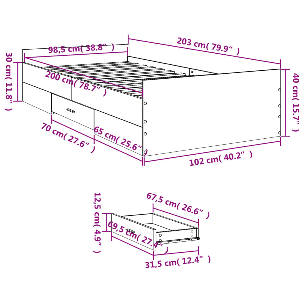 vidaXL Giroletto Cassetti Rovere Sonoma 100x200 cm Legno Multistrato