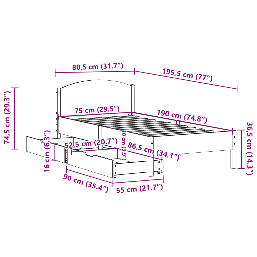 vidaXL Letto senza Materasso 75x190 cm in Legno Massello Pino