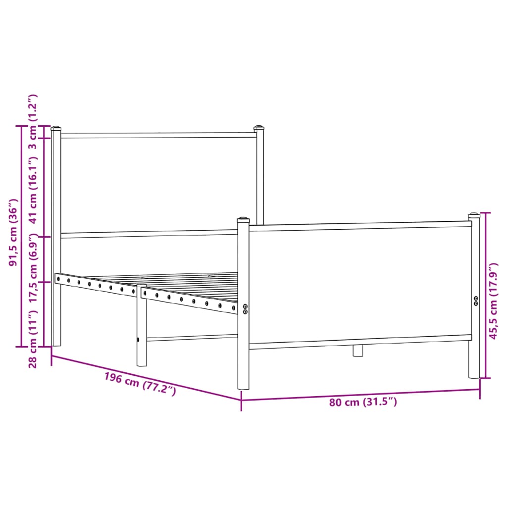 vidaXL Giroletto senza Materasso in Metallo Rovere Fumo 75x190 cm