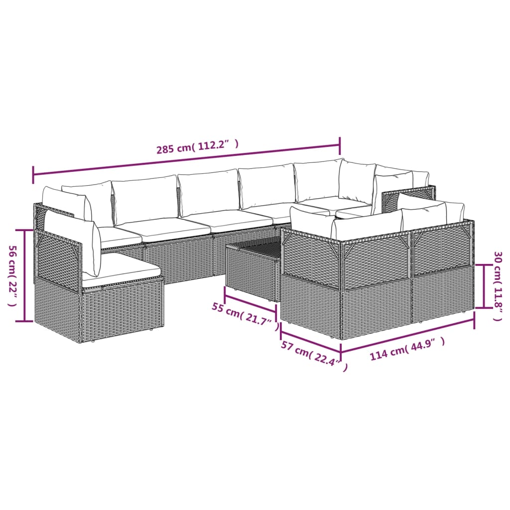 vidaXL Set Divani da Giardino 10 pz con Cuscini in Polyrattan Grigio