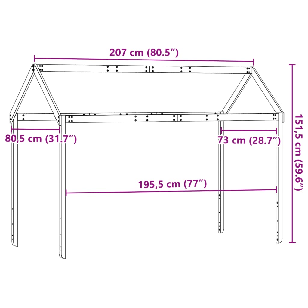 vidaXL Tetto Letto Bambini Bianco 207x80,5x151,5cm Legno Massello Pino