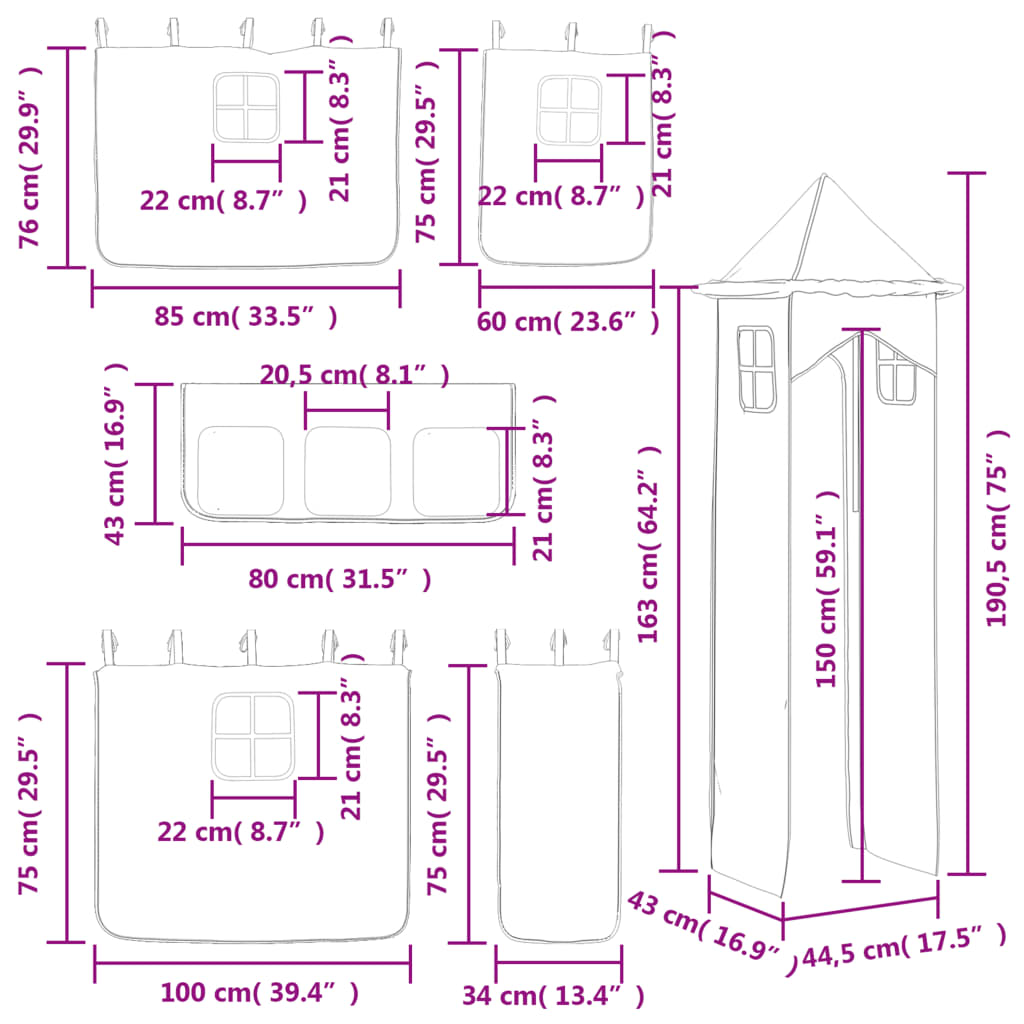 vidaXL Letto a Soppalco con Torre Bambini Rosa 80x200cm Massello Pino